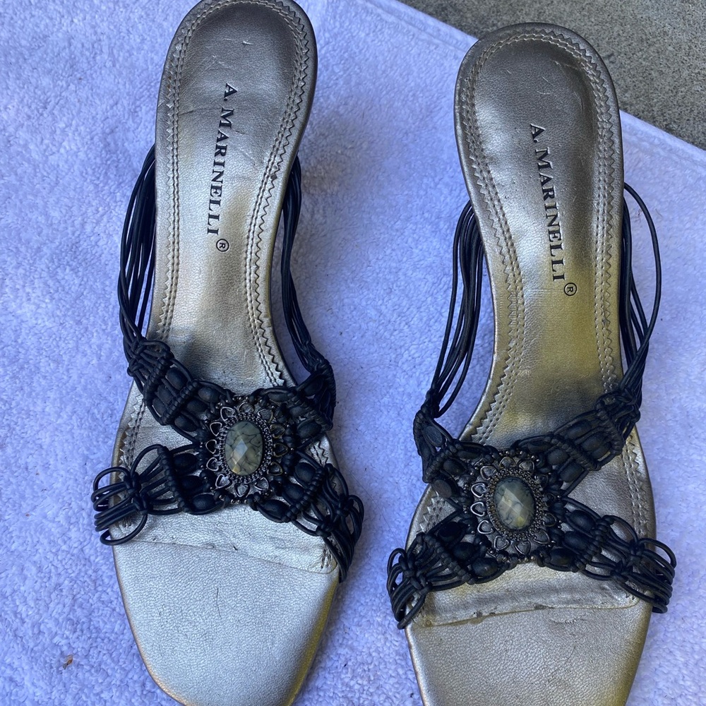 A. Marinelli Black Beaded Slide Sandals with Stone Accent